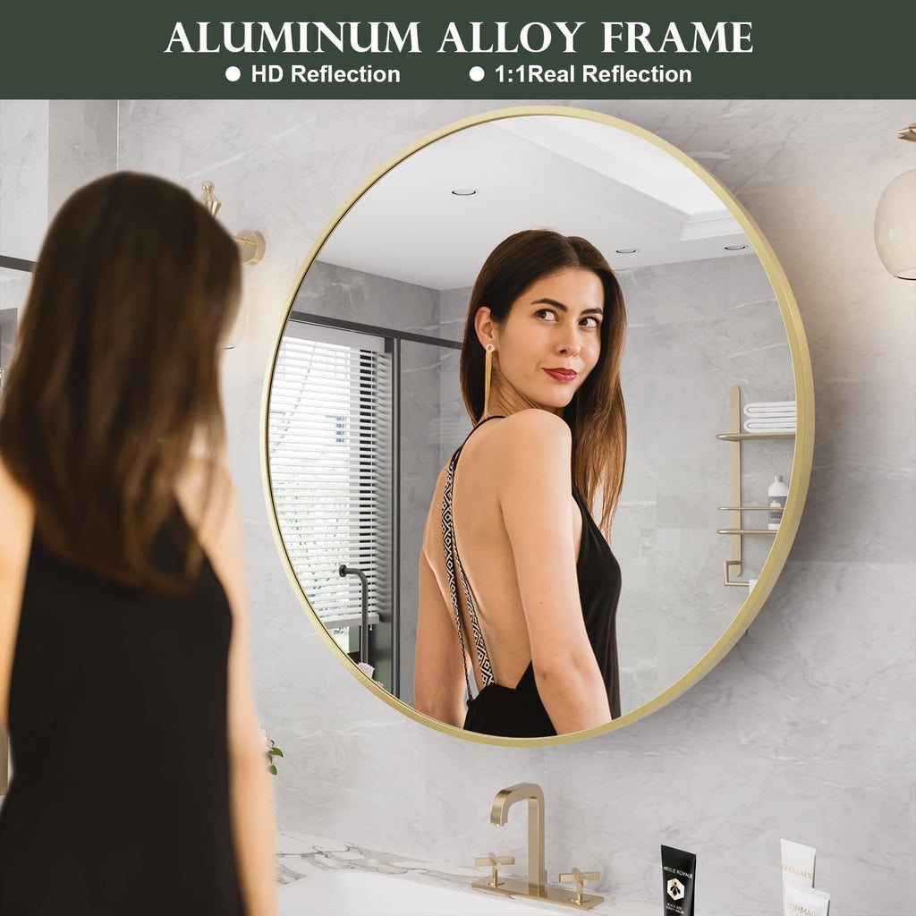 Bathroom Medicine Cabinet with Mirror, 28 Inch Gold Round Mirror Medicine Mabinet Wall Mounted with Aluminum Alloy