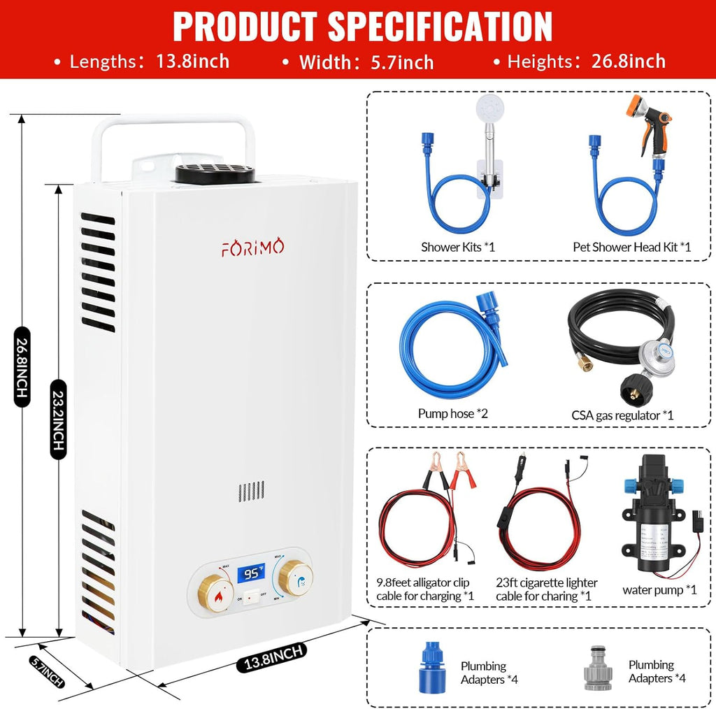 Tankless Water Heater Propane, 3.18GPM 12L Outdoor Portable water heater, with 2 GPM Water Pump