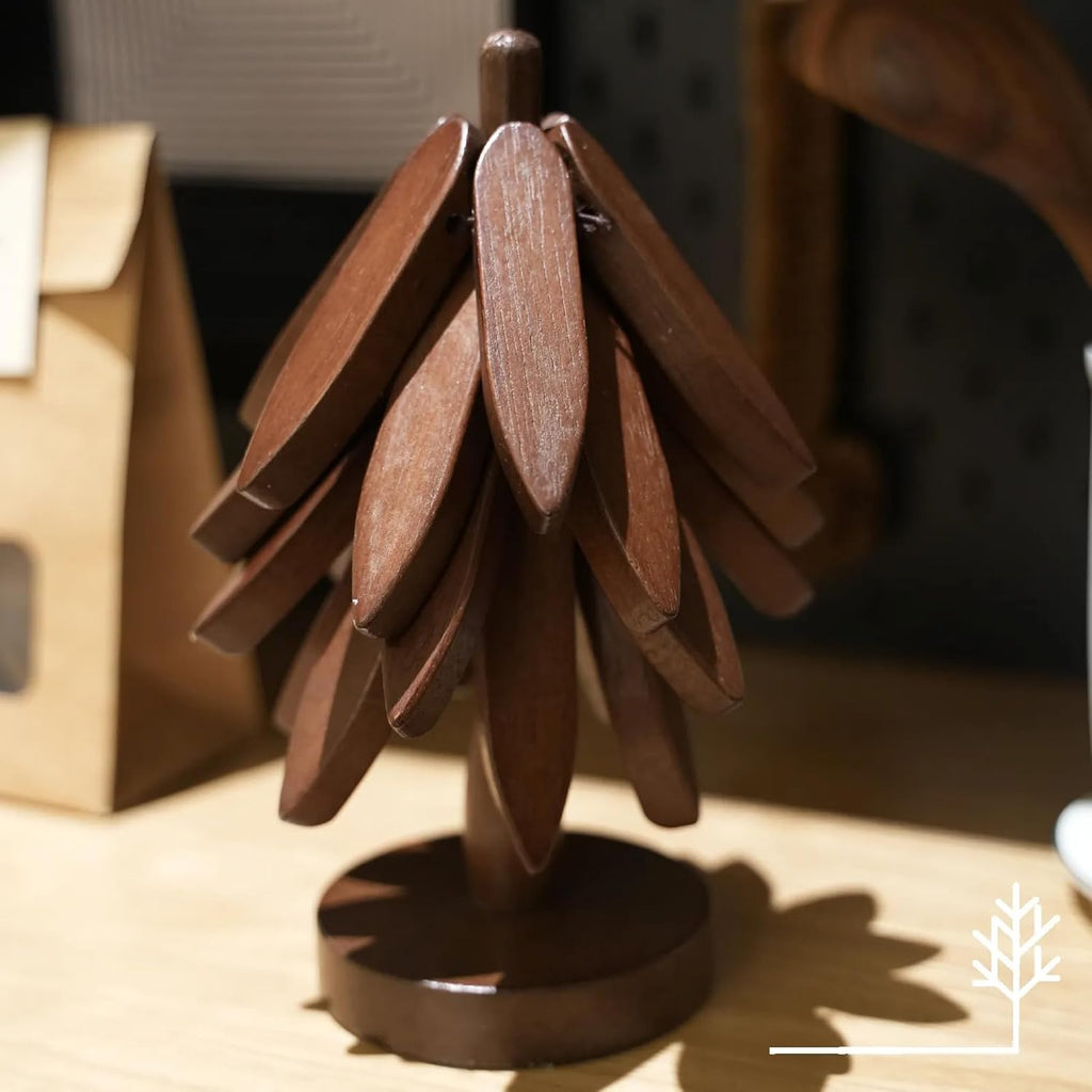 Artisanal Wooden Coasters Trivets Set - Foldable Wooden Tree Trivet with 4 Coasters & Stand - Heat Resistant Hot - Set of 4