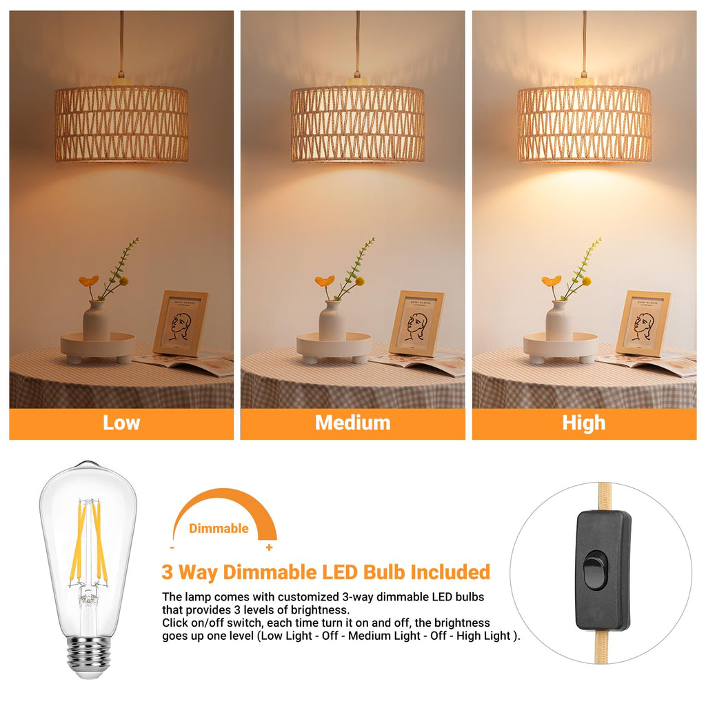 Boho Plug in Pendant Light, Handwoven Shade, 3 Way Bulb, 14ft Cord