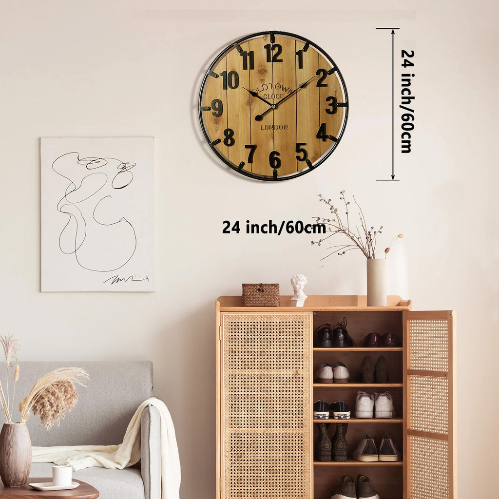 Farmhouse 24 Inch Wood Arabic Large Wall Clock with Metal Circle