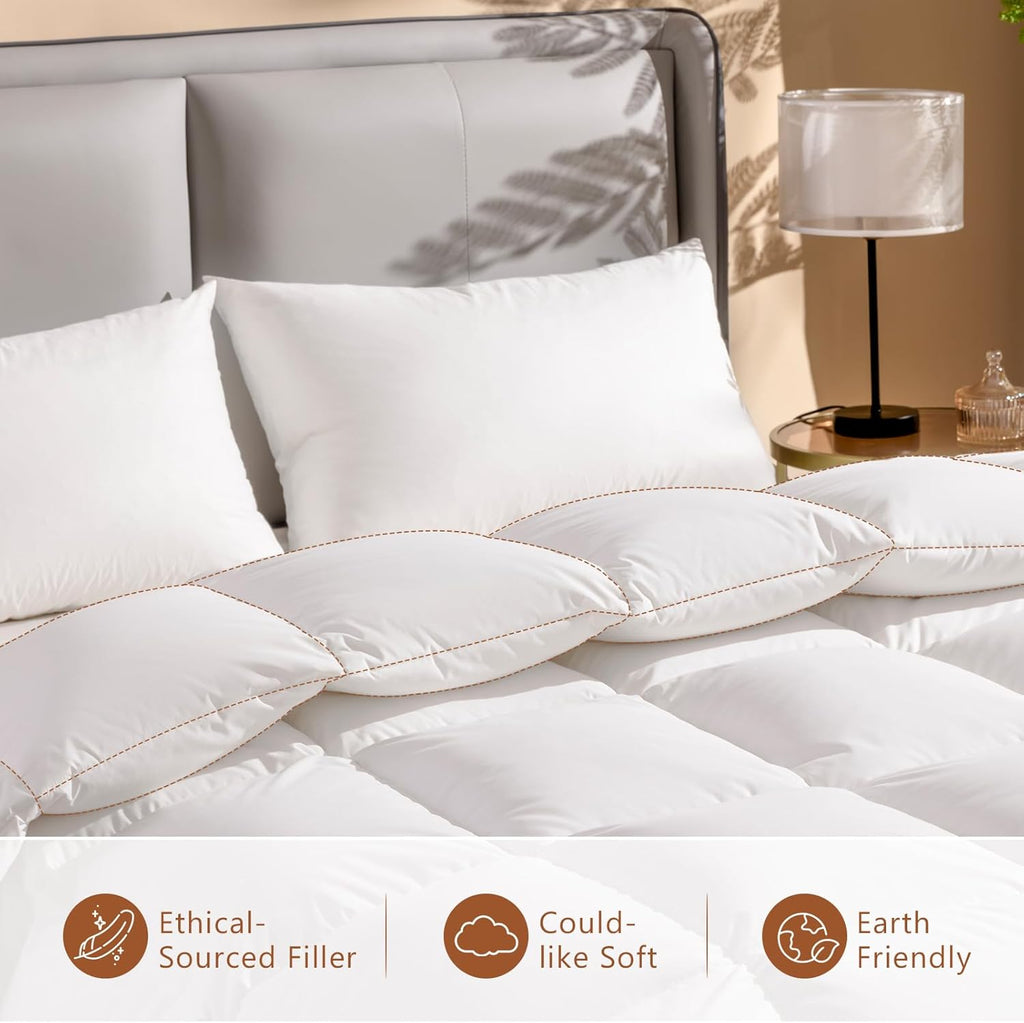 Luxury King Down Comforter, 50% Real Down Filled, Ultra-Soft Cotton Blend, Medium Weight for All Sea