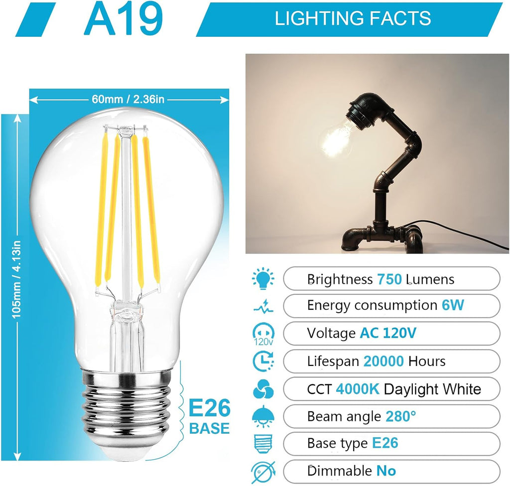 60 Watt Equivalent, E26 LED Filament Light Bulbs, Daylight White 4000K, Non-Dimmable, Classic Clear Glass, A19 LED