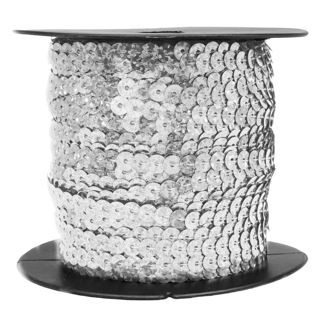 Sequin Trim, Silver, 6mm Flat Round Sequins - 100 Yards