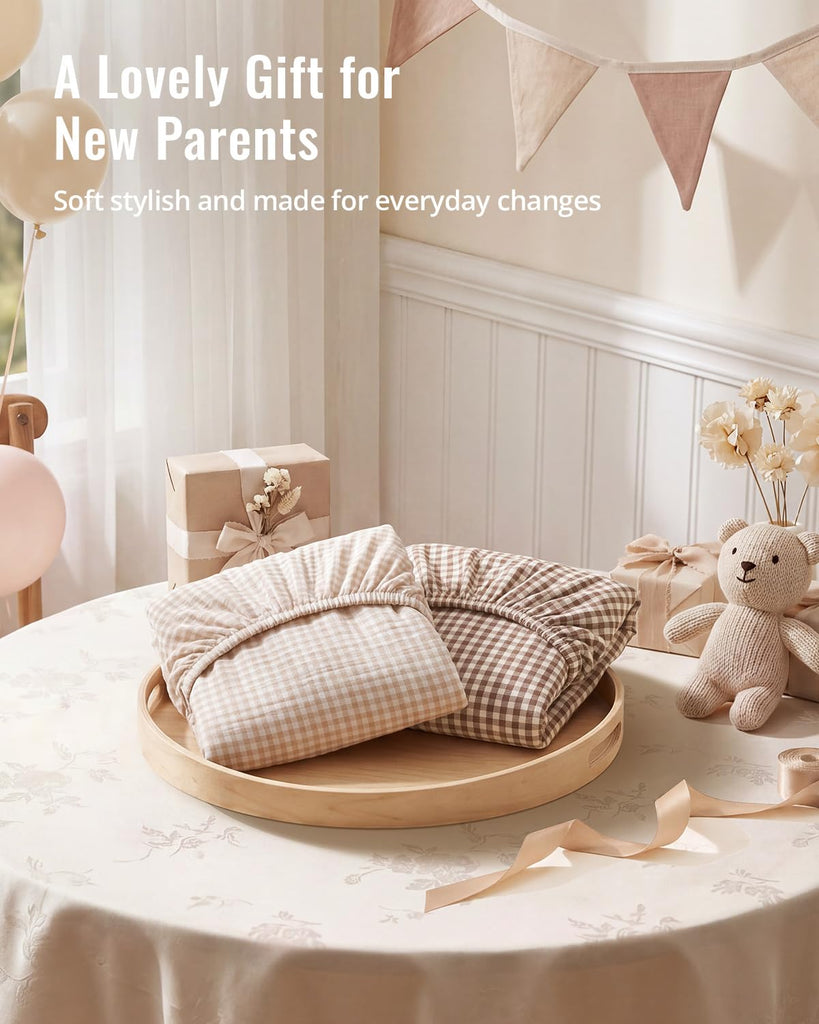 Muslin Mini Crib Sheets, 2 Pack, Beige Gingham&Brown Gingham