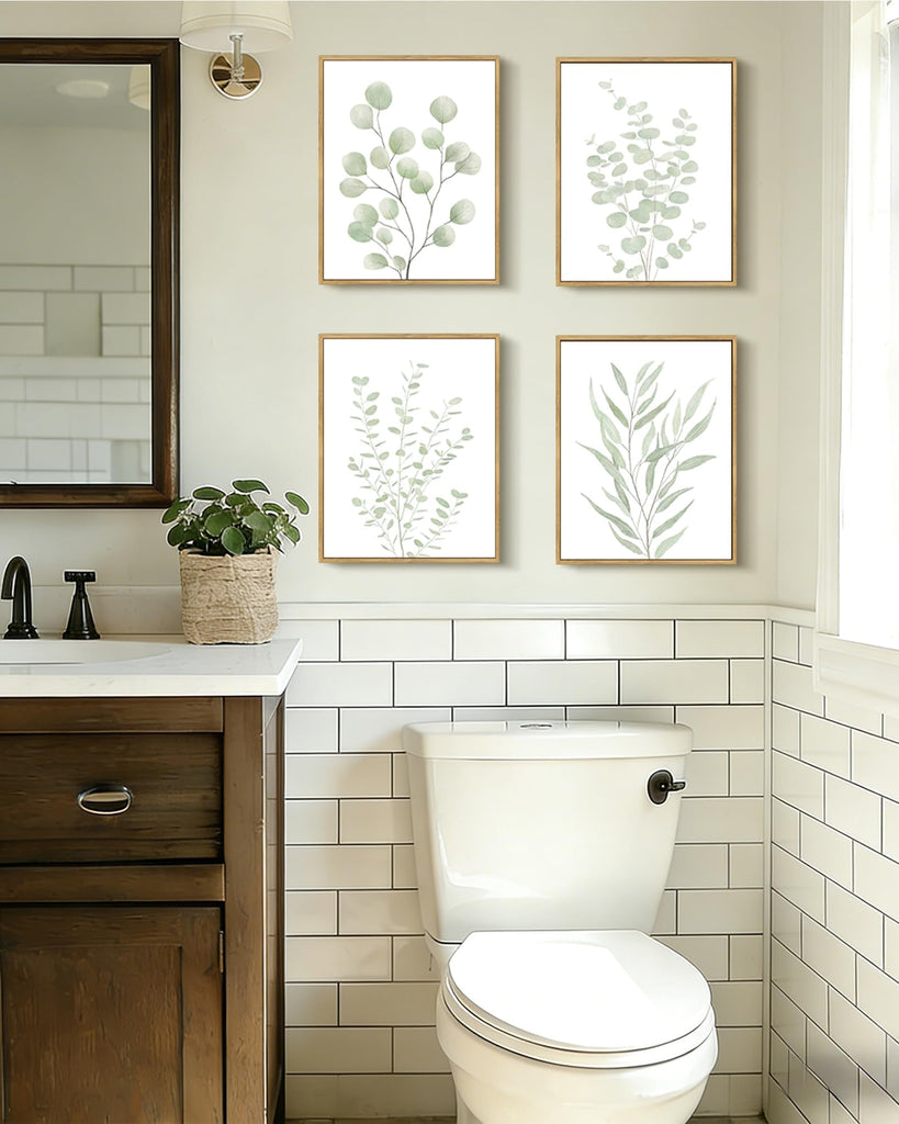 Botanical Framed Boho Wall Art Bathroom Plants Wall Decor Green Sage Eucalyptus Leaf Prints Minimalist Aesthetic