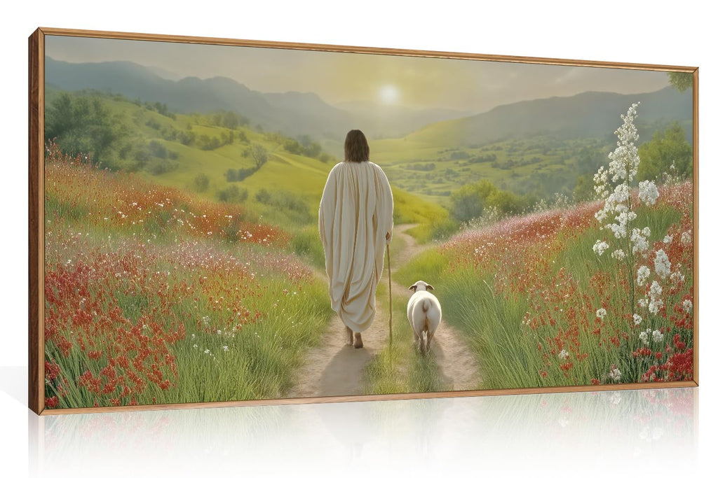 Large Jesus and Lamb Christian Framed Canvas Wall Art, Leaves The 99 Sheep Wall Decor, Mountain Sunset Flower Bible