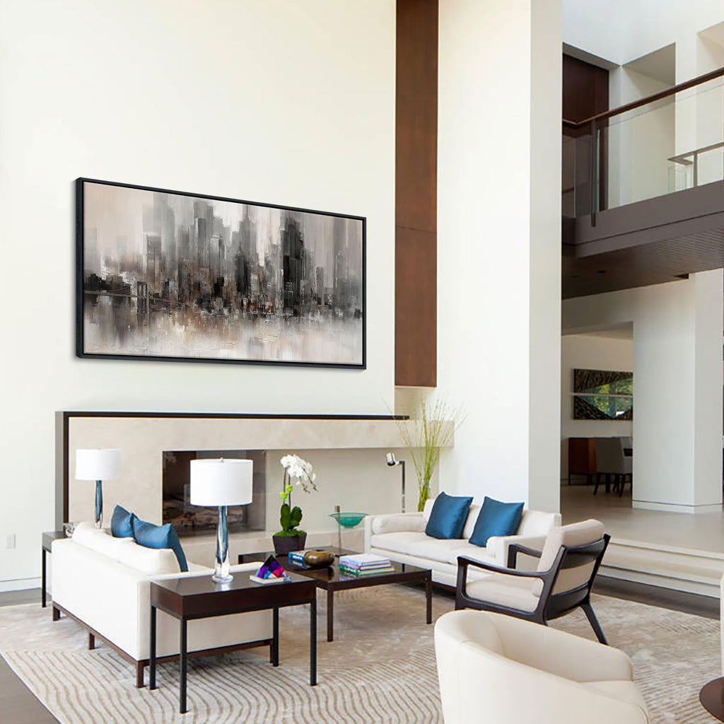 Nyc Skyline Painting Wall Grey Buildings Picture Modern Home Bedroom Decoration Black and White and Brown Framed