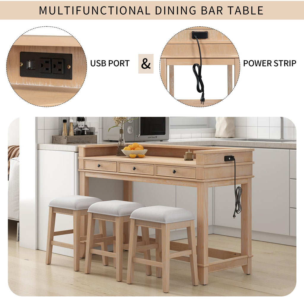 4 Piece Dining Table Set for 3, Counter Height Bar Table with 3 Upholstered Stools, Table & Chair Sets with 3 Storage