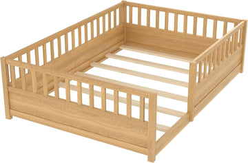 Full Size Floor Bed with High Fence, Wood Montessori Bed with Slats and Guardrails