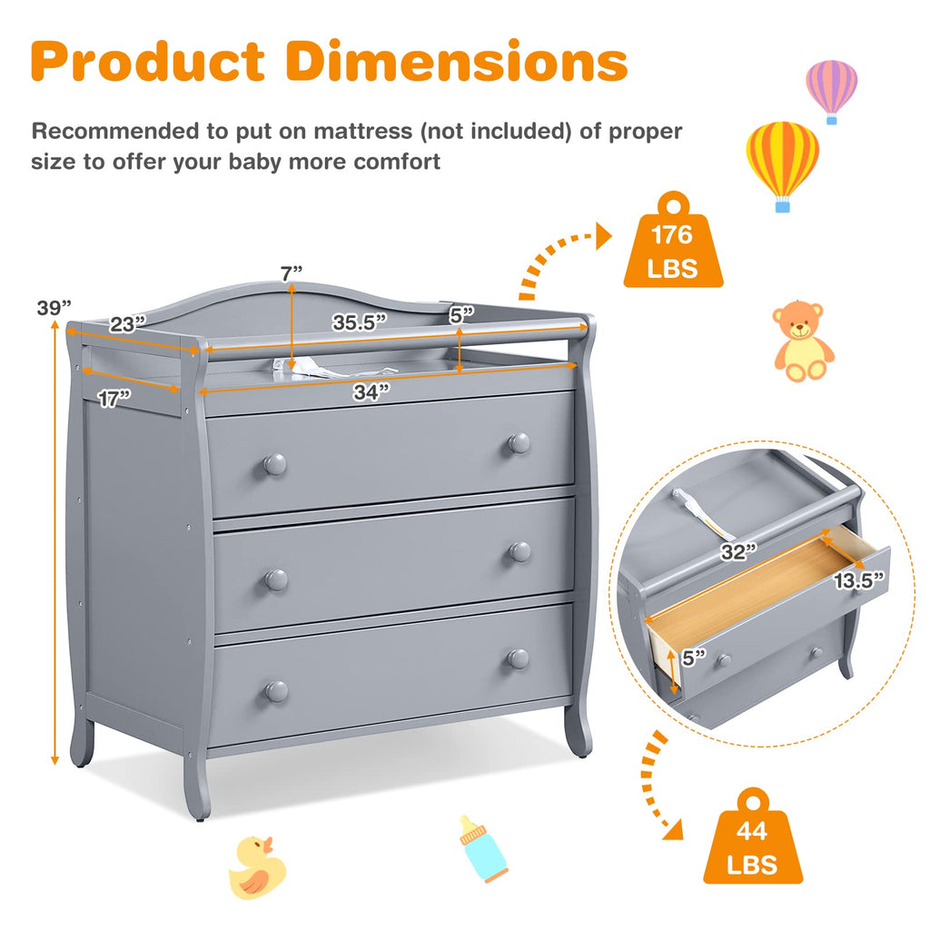 3-Drawer Changing Table, Infant Diaper Changing Station with Drawers, Safety Rails & Strap, Baby Changing Table