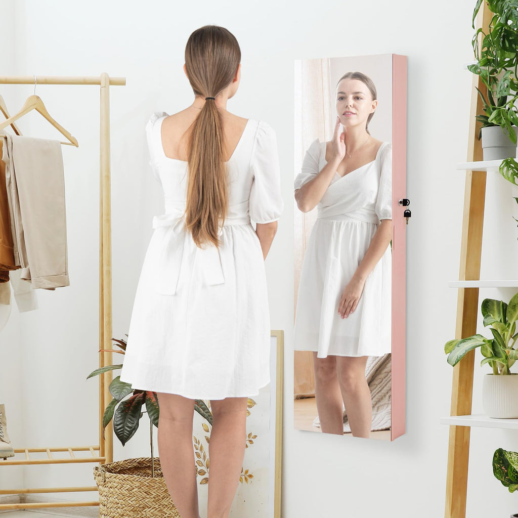 Wall or Door Mounted Lockable Jewelry Armoire with Full-Length Mirror