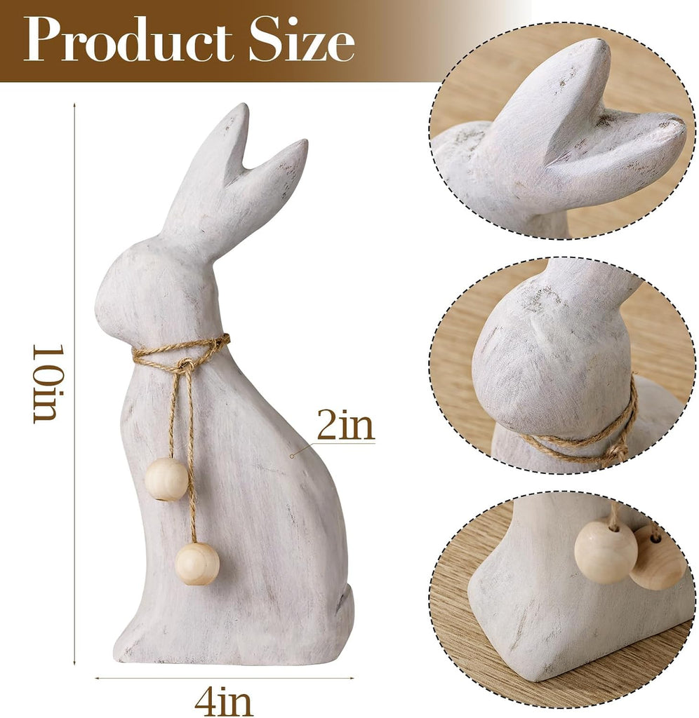 Farmhouse Antique Wood Rabbit Figurines, Handmade Elegant Easter Bunny Statue with Rustic Jute Bows for Spring Easter