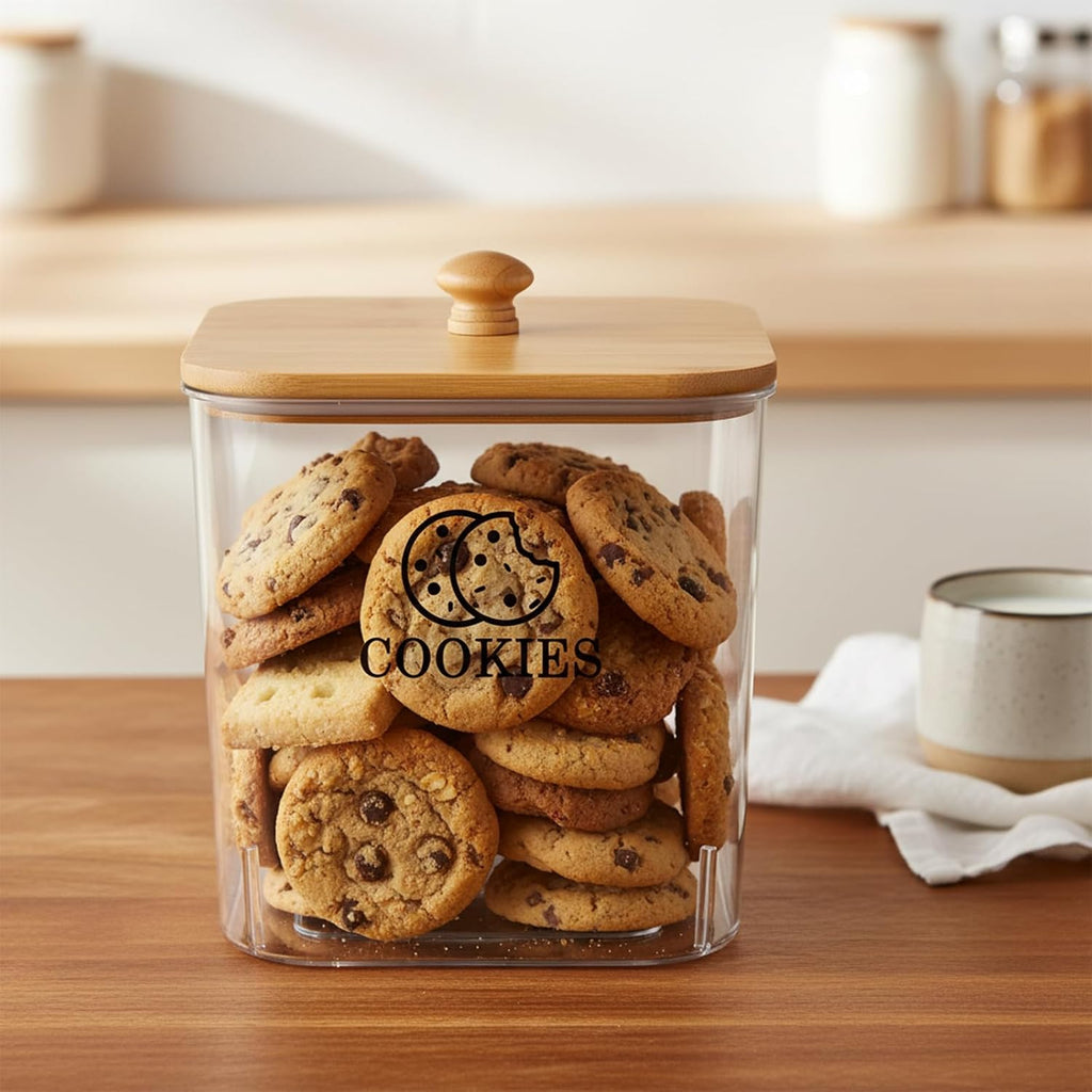 Cookie Jars with Wooden Lids Airtight, 2L Plastic Cookie Tin, Wide Mouth Candy Jar, Kitchen Counter Food Storage