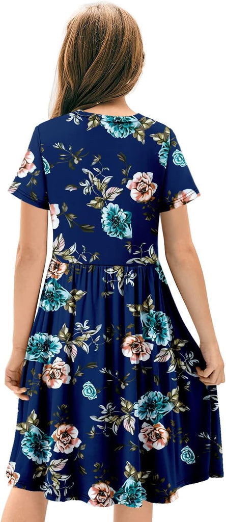 Girls Short Sleeve Dress Casual A Line Twirly Skater Dresses