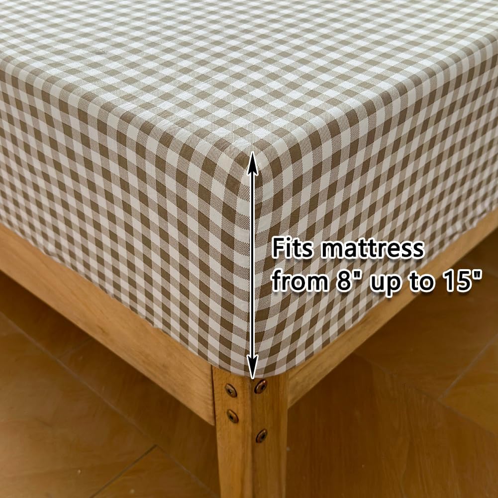 Tan Gingham Ruffle King Sheet Set, Taupe Soft Pre-Washed Microfiber Plaid King Bed Sheets, 4-Pieces Farmhouse Sheet