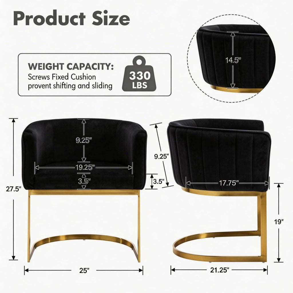 Black and Gold Barrel Dining Chairs Set of 2, Modern Velvet Upholstered Accent Chairs with Curved Back Island, Luxury