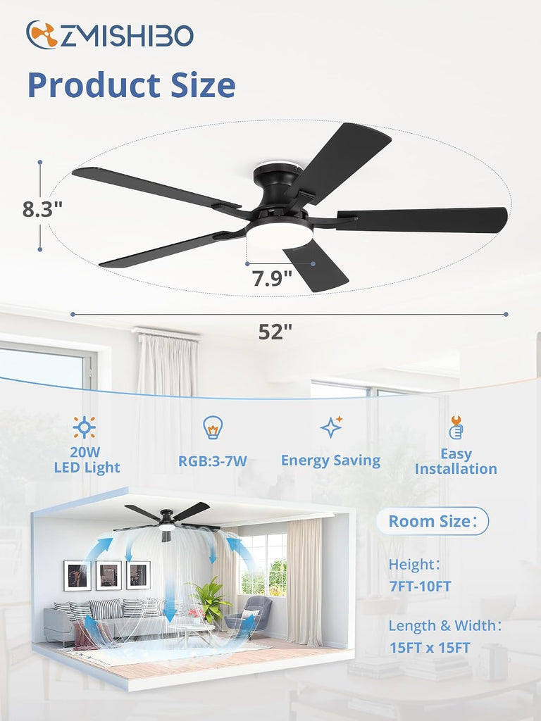 52" Smart RGB Ceiling Fan with Light, Alexa+App+Remote, Black