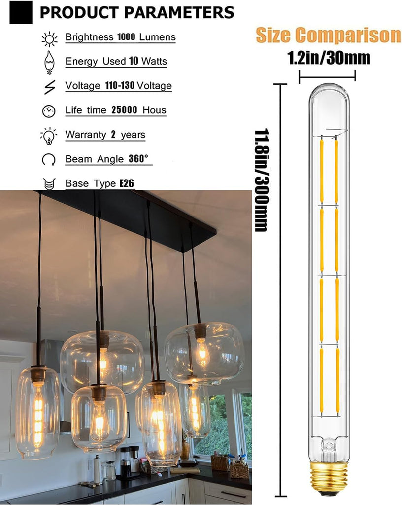 T10 Tubular Bulbs Dimmable Led Light 3000K Bulb E26 Medium Base 10W