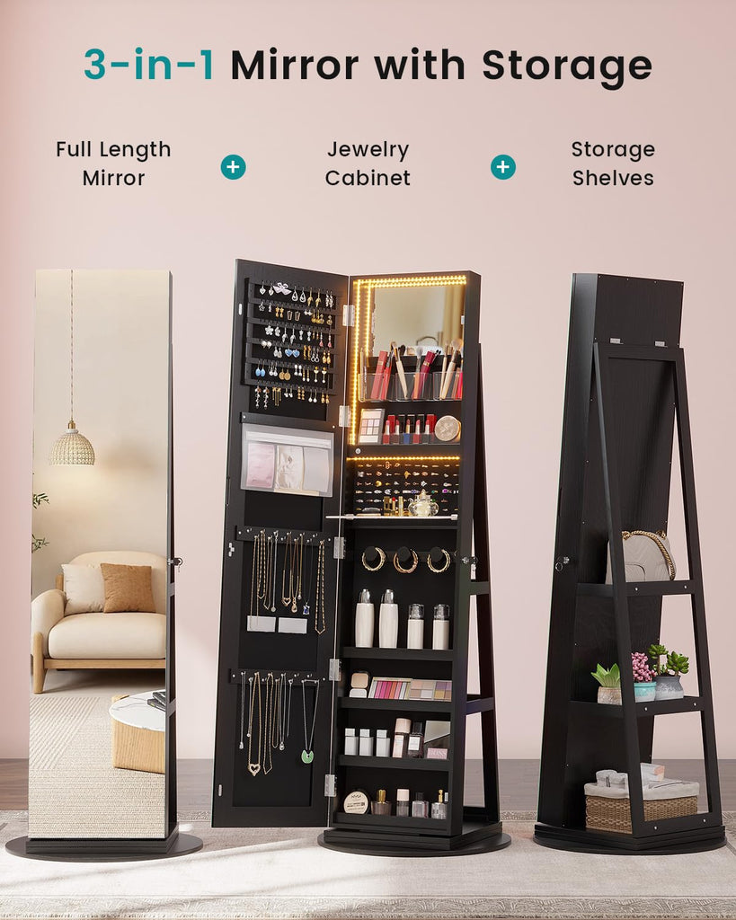 360° Swivel Mirror Jewelry Cabinet, Lockable Jewelry Armoire, Black