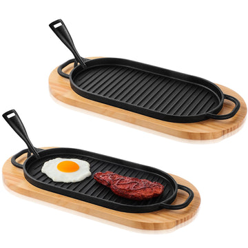 2 Sets Oval Cast Iron Fajita Skillet Pan Set, 12 x 6.3 Inch