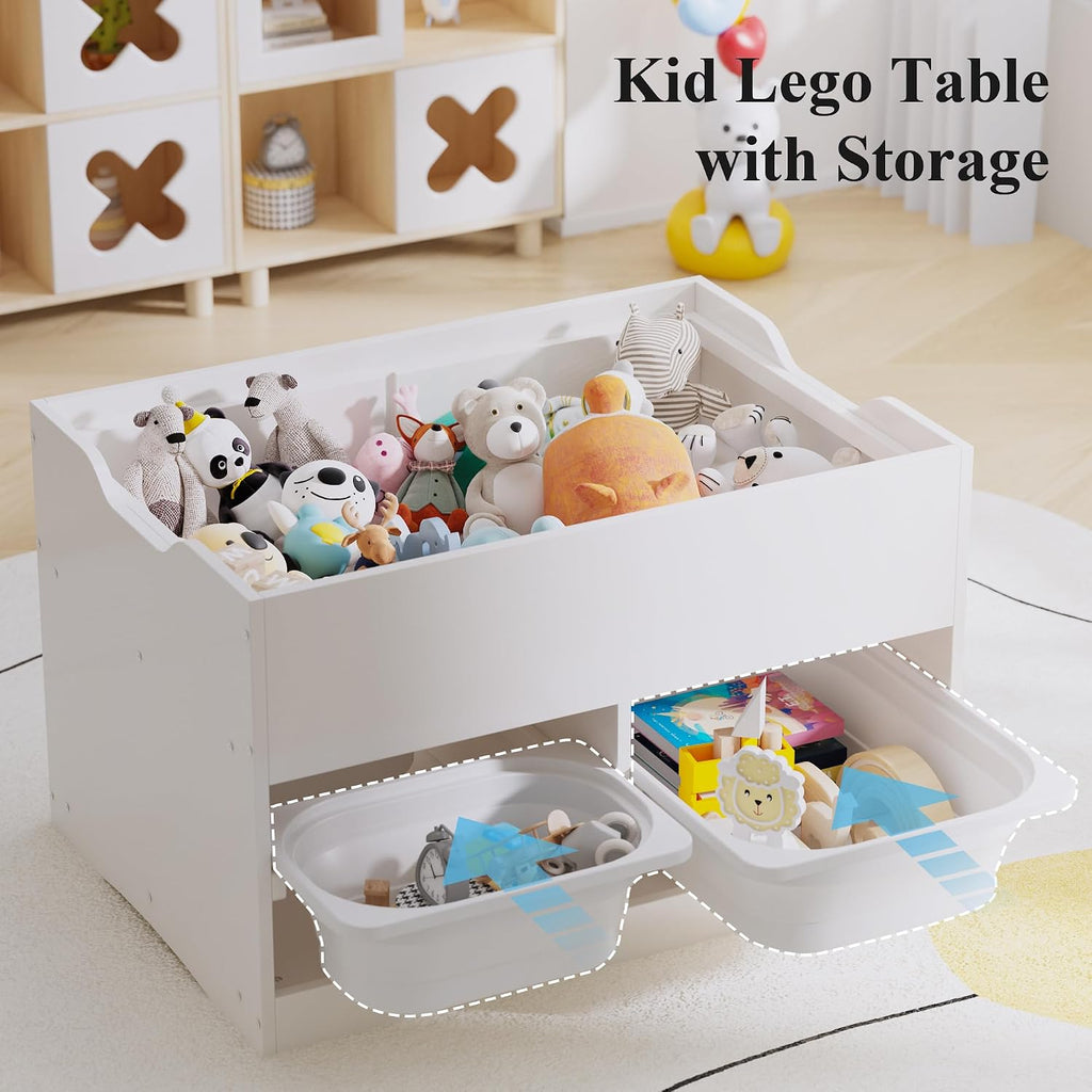 Kid Sensory Table with Storage - Activity Table with Building Block Boards & Foldable Storage Bins, Birthday Gifts