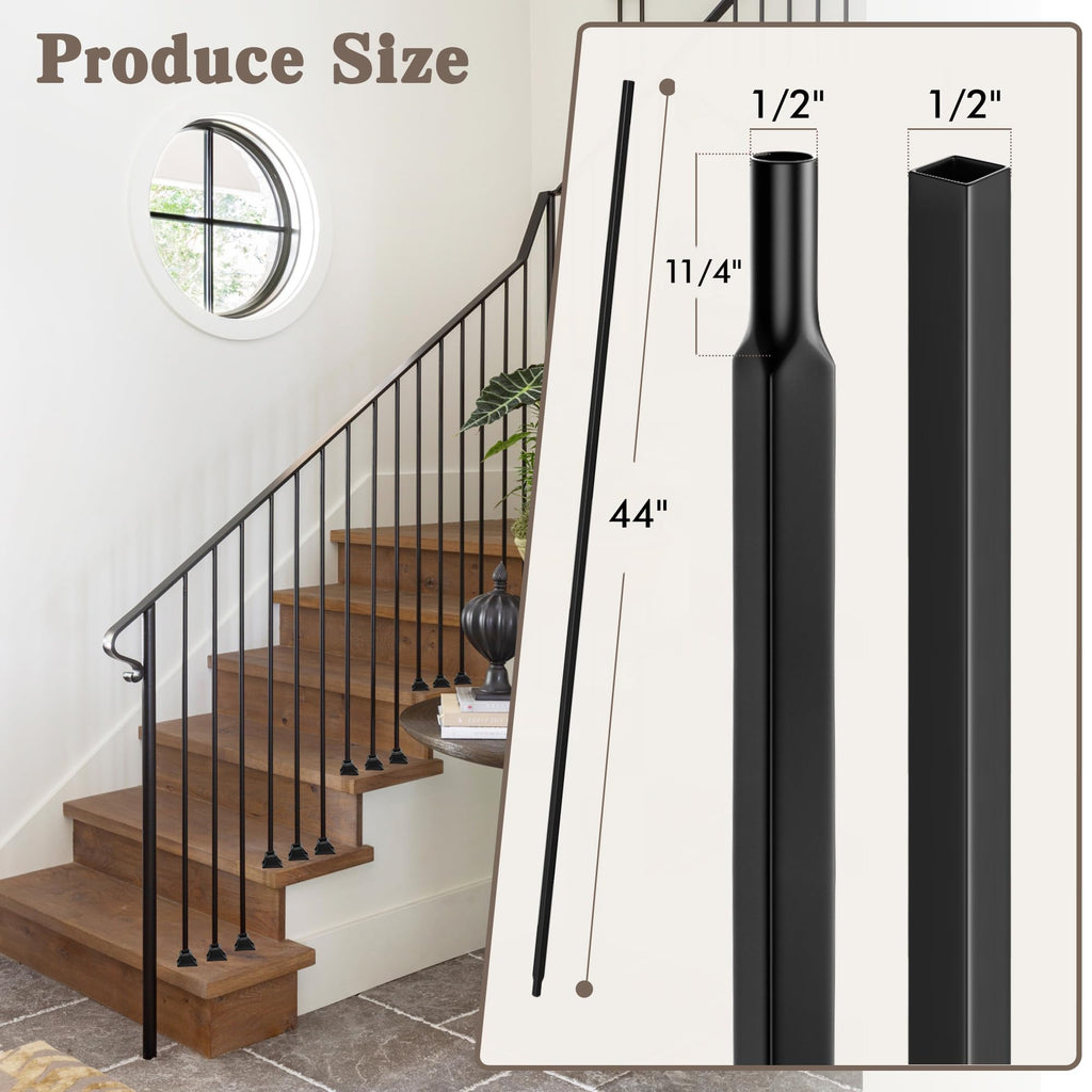 50 Pcs Wrought Iron Balusters for Staircase, 1/2" x 44" Hollow Straight Iron Spindles Deck Balusters, Deck Railing
