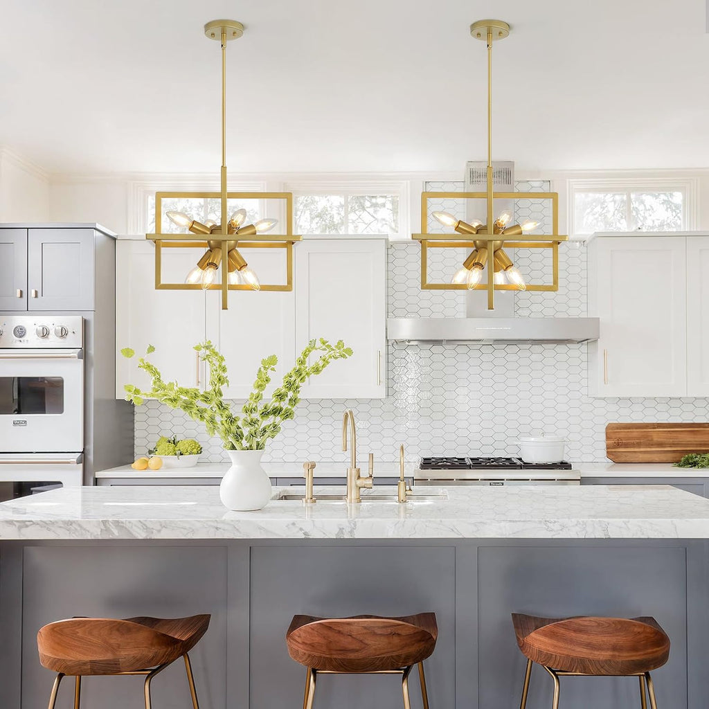 Modern Gold 8-Light Geometric Chandelier, Square Sputnik Pendant Light for Kitchen Island, Dining Room, Bedroom
