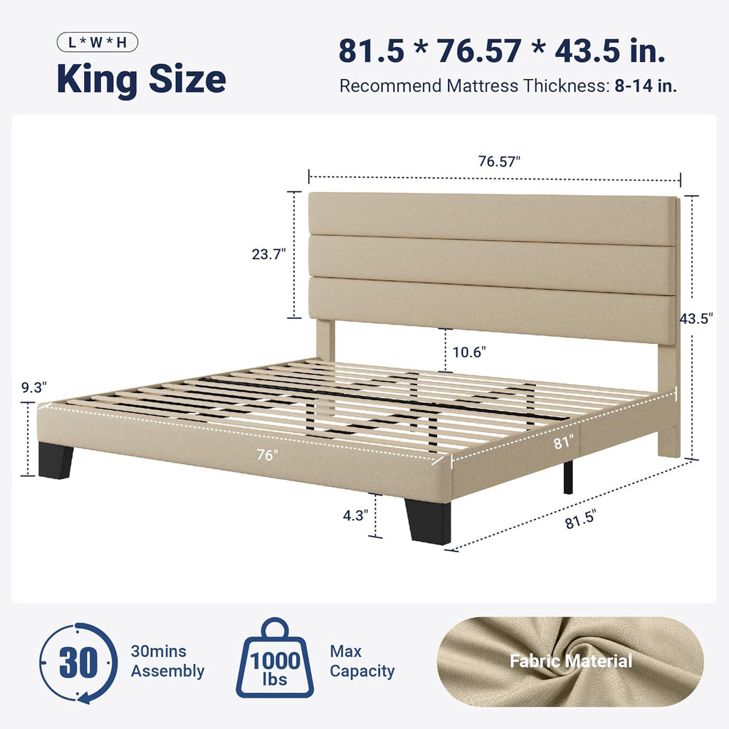 King Platform Bed Frame with Fabric Upholstered Headboard and Wooden Slats Support