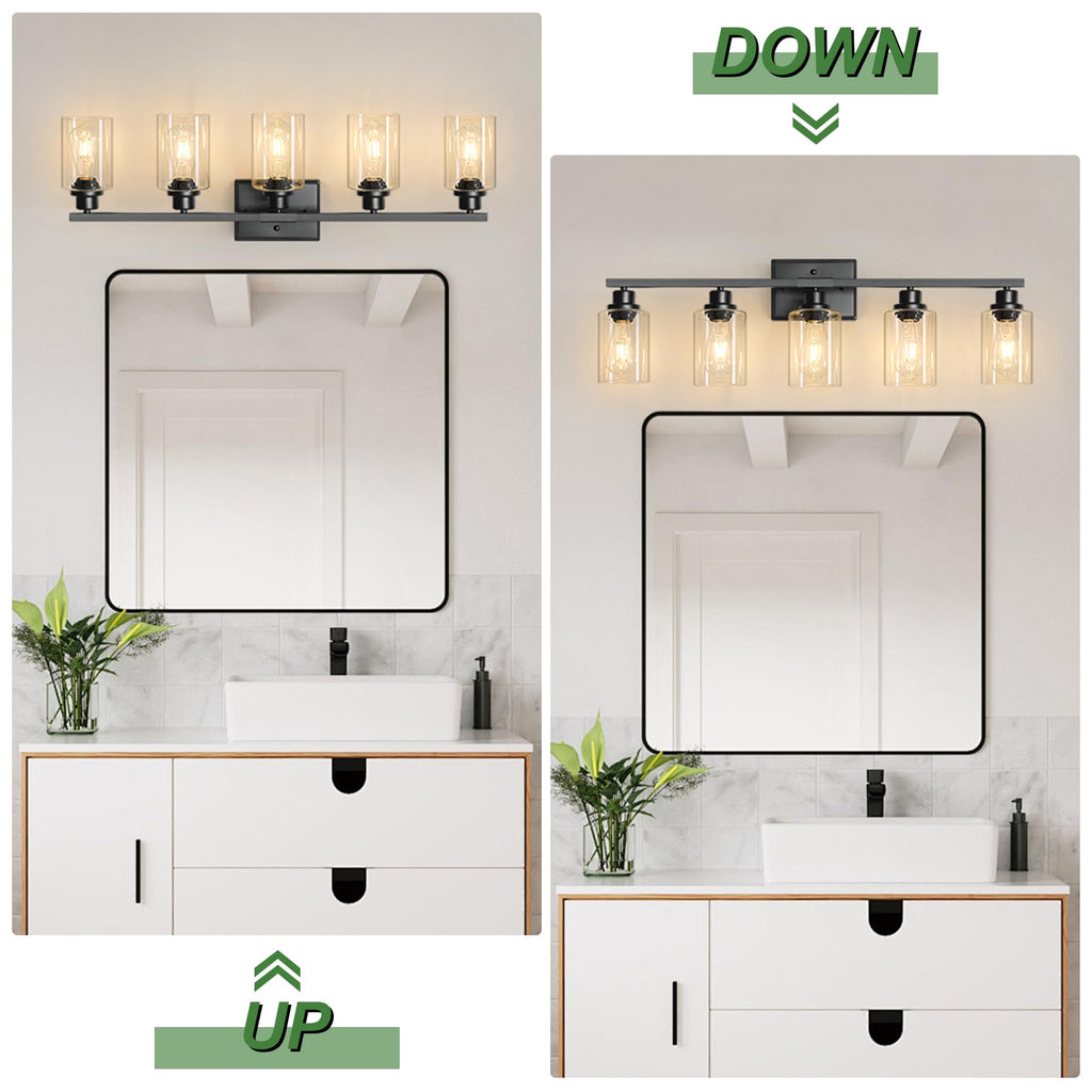 5-Light Bathroom Light Fixtures, 33 Inch Vanity Lights with Clear Glass Shade, Modern Black Finish Wall Light for