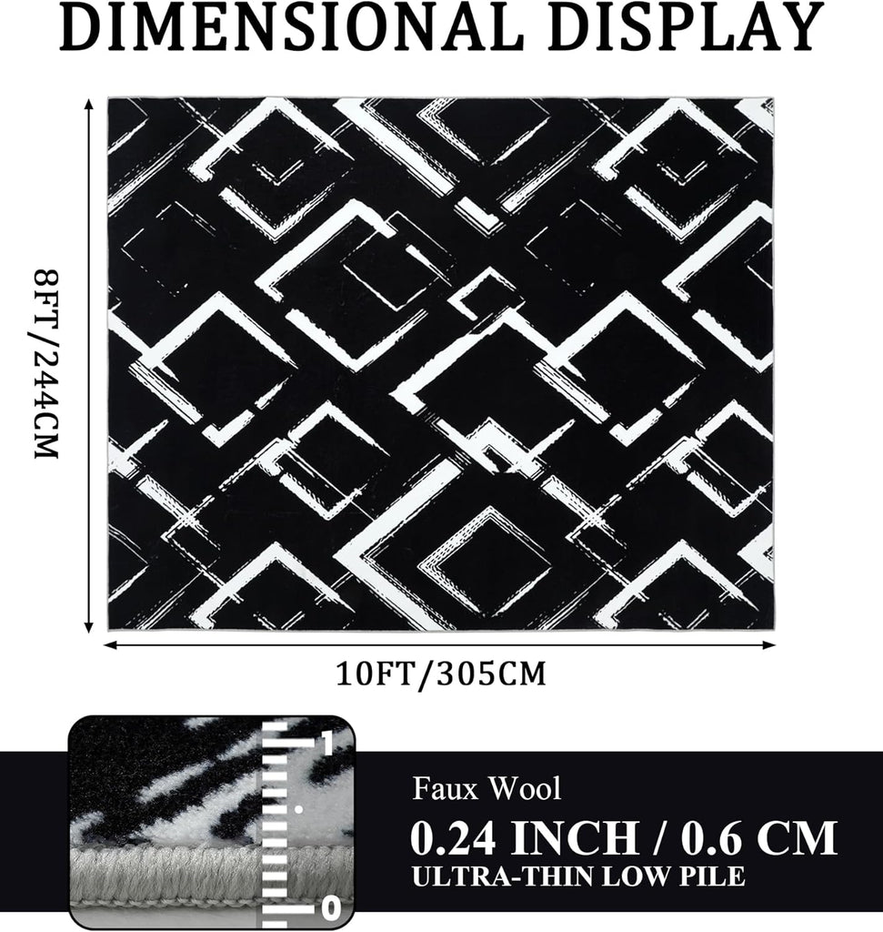Black Modern Geometric Area Rug 8x10, Black and White Rug with Abstract Diamond Patterns,Non-Shedding Washable Rugs