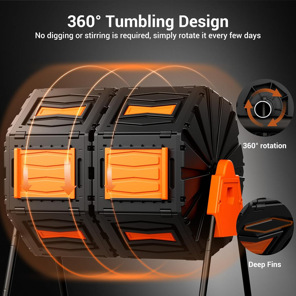 Compost Tumbler, Easy Assemble & Efficient Outdoor Compost Bin, 45 Gallon/170 Liter Large Dual Chamber Rotating