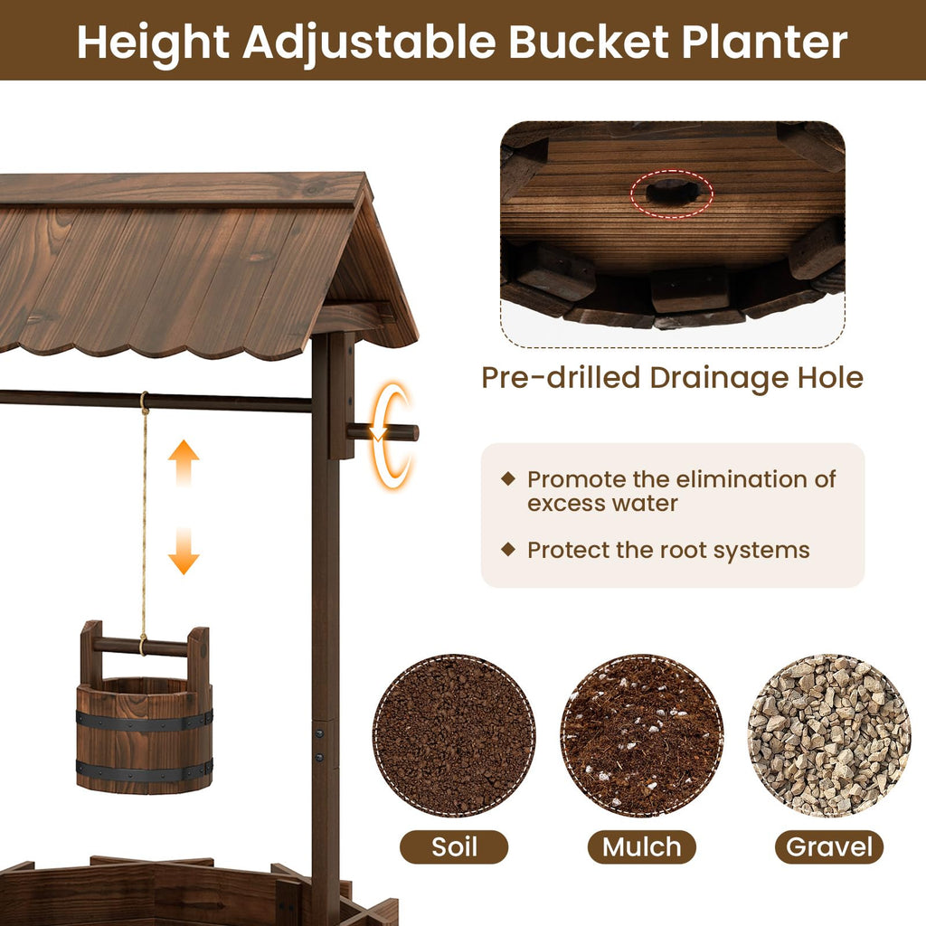 Wooden Wishing Well Outdoor, Wishing Well Planter with Hanging Bucket, Outside Rustic Decorations for Garden Yard &