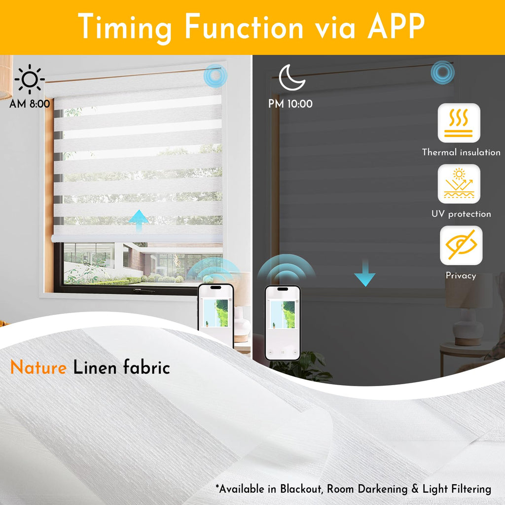 No Drill Motorized Zebra Blinds with Remote, Automatic 65% Blackout Smart Zebra Shades, Dual Layer Privacy, Linen
