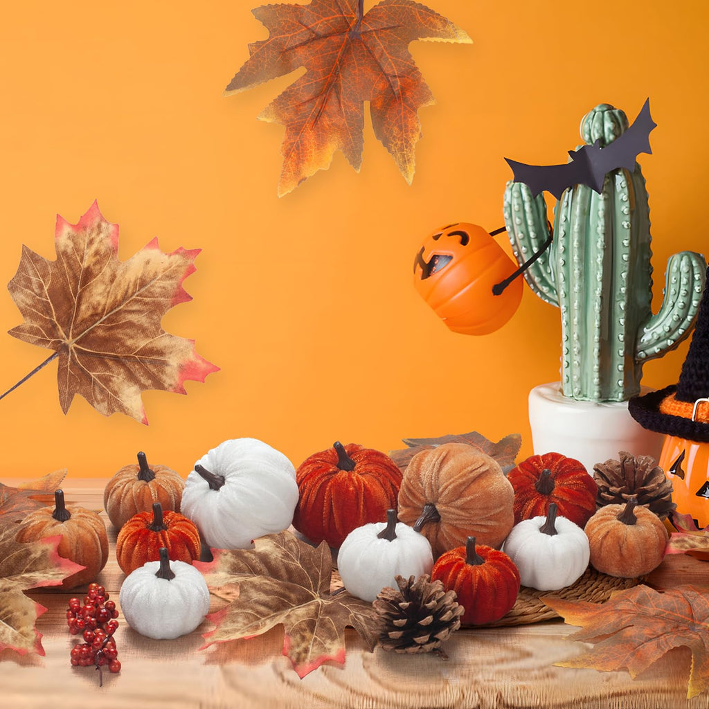 21 PCS Fall Artificial Velvet Pumpkins Set, Fake Fabric Pumpkins Faux Foam Pumpkin, Orange Khaki White Pumpkin