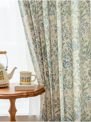 Floral Farmhouse Curtains Semi-Blackout Living Room Drapes 84 Inch Length Cotton Linen Blend Bohemian Window Curtain