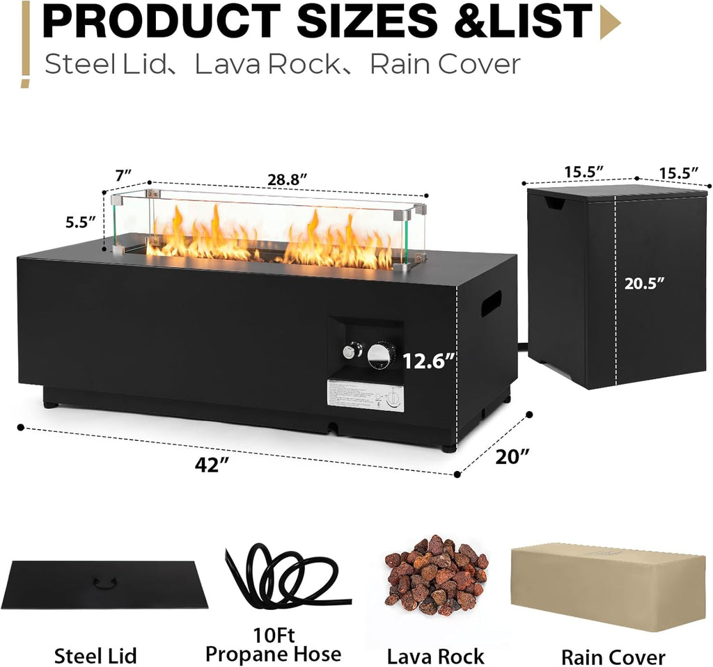 42'' Outdoor Propane Fire Pit Table, 50,000 BTU Rectanle Natural Gas Fire Pits with Tank Cover Wind Guard