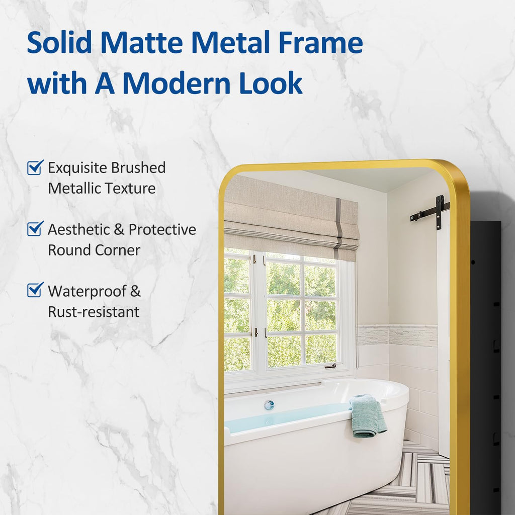 16x24 Inch Mirror Medicine Cabinet Gold Metal Frame Bathroom Medicine Cabinet with Mirror Recessed or Wall Mounted