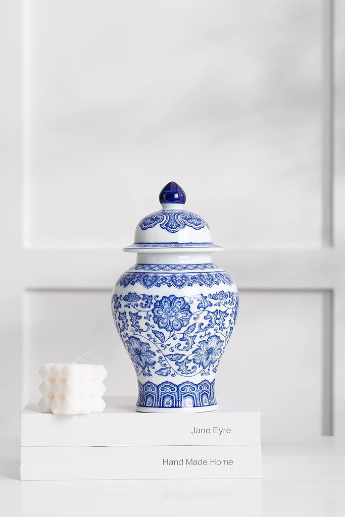 Blue and White Ginger Jar, Ceramic Chinoiserie Decorative Jars, Flower Vase Pocelain, Glossy Vase for Table, Living