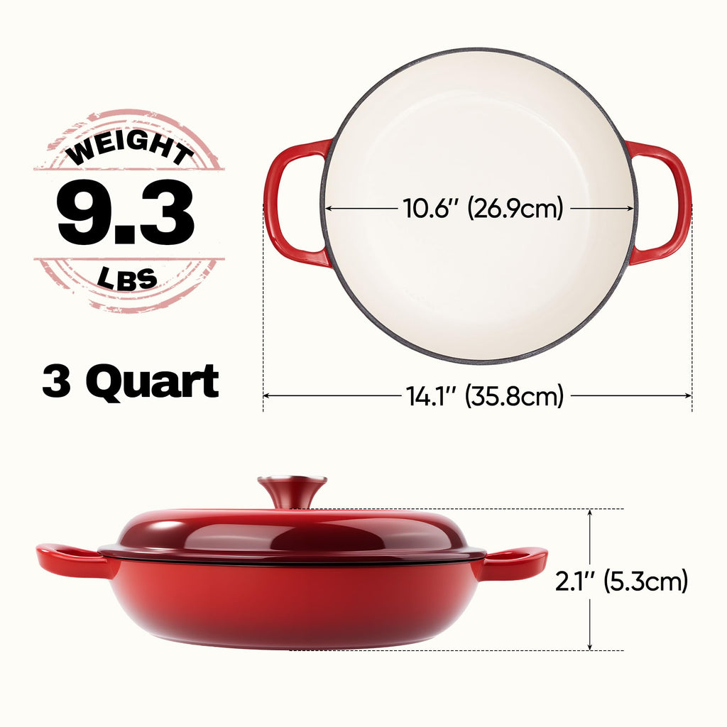 3 Quart Enameled Cast Iron Braiser, Non Stick Enameled Cast Iron Skillet with Lid, Dutch Oven Skillet with lid up to
