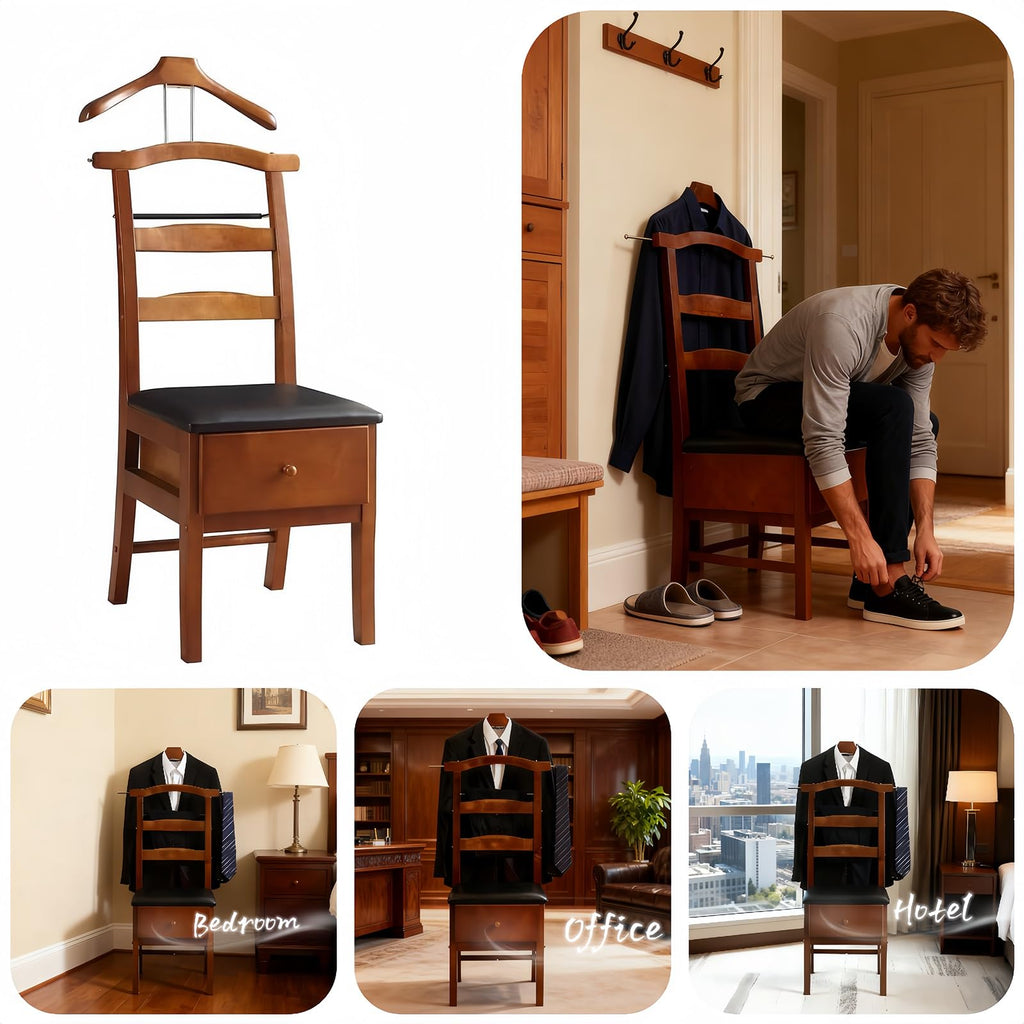 Brown Valet Stand with Office Chair Hanger & Drawer - Men's Accessory Organizer for Clothes, Watches, Keys & More
