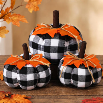 3 Pcs Fall Pumpkins Decor Black White Pumpkins with Orange Leaves