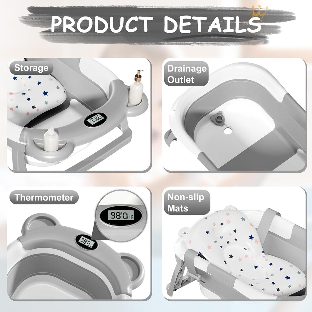 Collapsible Baby Bathtub, Baby Bath Tub with Soft Cushion & Real-Time Thermometer, Baby Bathtub Infant to Toddler Tub