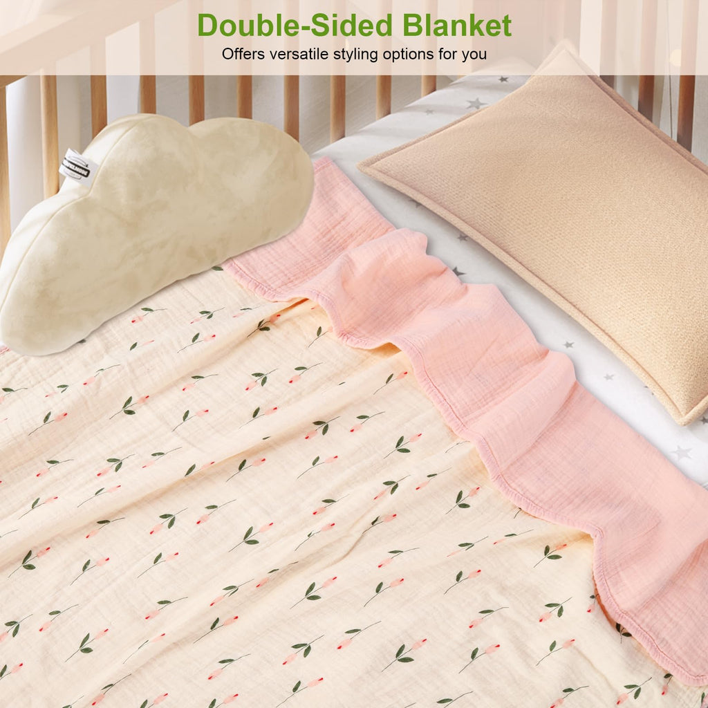 Muslin Baby Blanket Crib Blanket, Double-Sided for Girls, 40x40 Inch - Pink & Floral Print Quilt Blankets, Soft