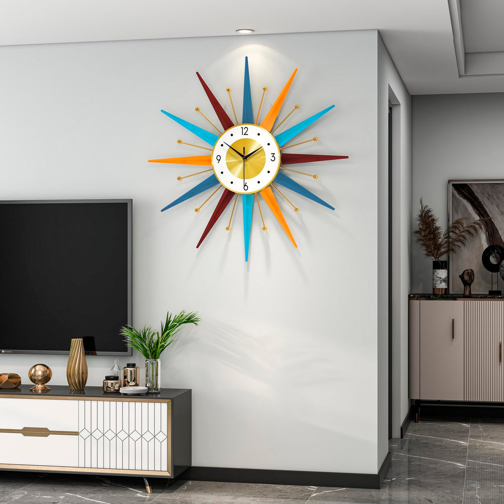 Large Starburst Wall Clock Decor 24 Inch Metal Decorative Mid Century Wall Clcok Big Modern Silent Quality Quartz