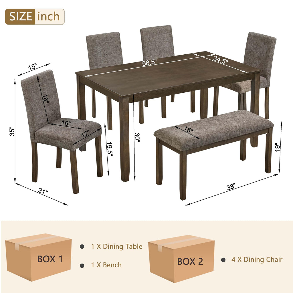 6-Person Farmhouse Dining Table Set, 58.5 Inch Wooden Kitchen Table with Bench and Chairs, Rubberwood & MDF