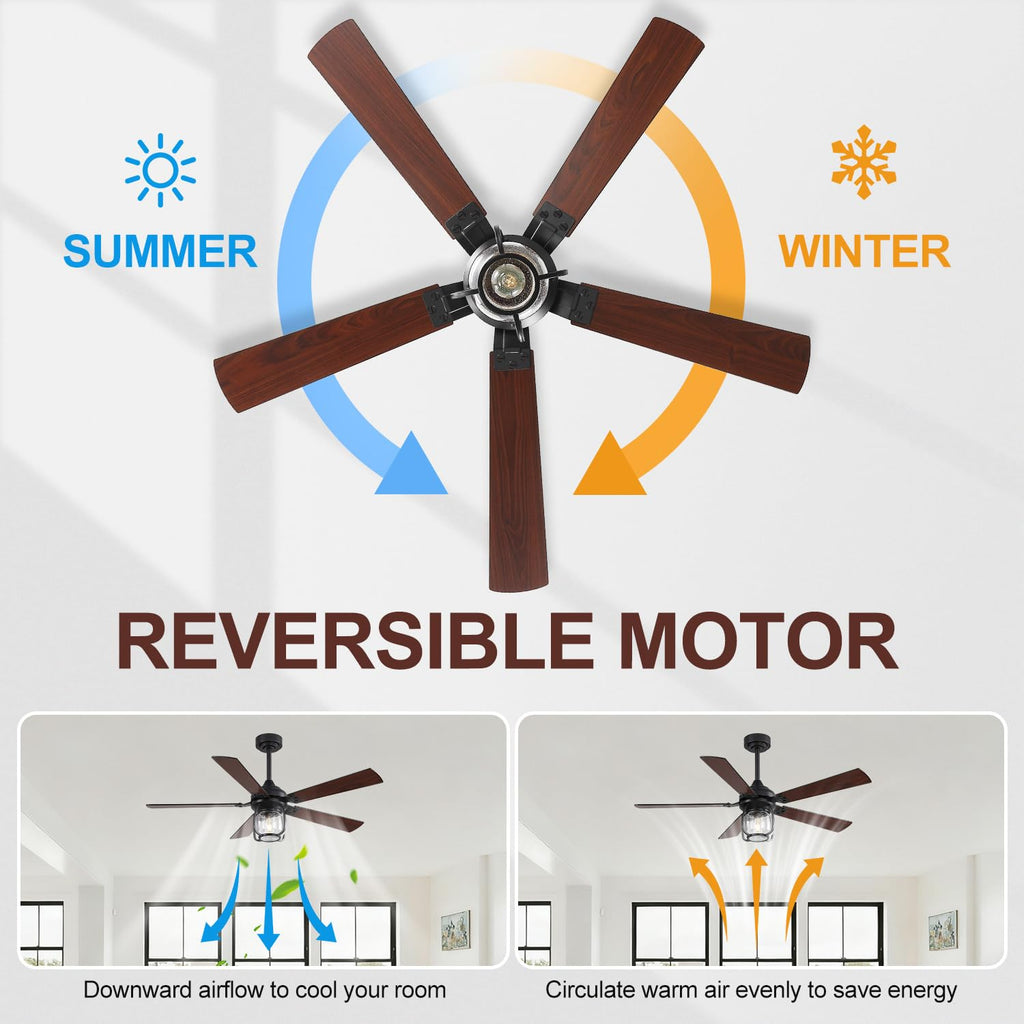 52 Inch Ceiling Fan with Light and Remote, Farmhouse Ceiling Fan, Rustic Ceiling Fan with Reversible DC Motor, 6