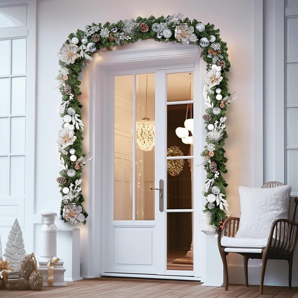 Pre-lit 9 Feet/108 Inch Christmas Garland, White & Silver Lighted Garland with 50 LED Lights for Indoor Outdoor Xmas