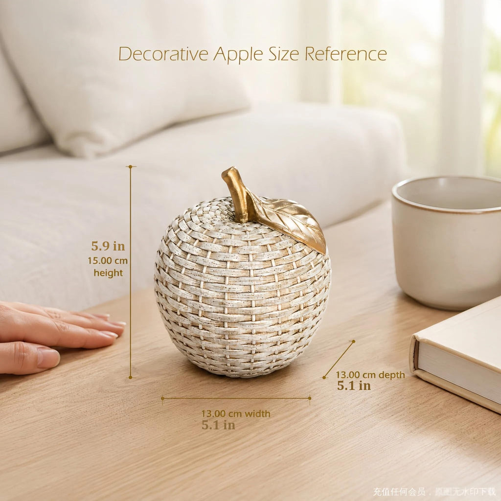 Woven Apple Decor, Decorative Fruit Figurine with Gold Stem, Resin Apple Sculpture, Farmhouse Tabletop Decor, Shelf
