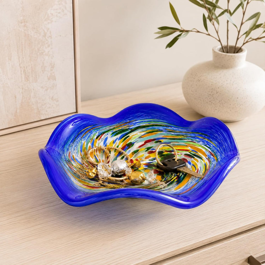 Hand Blown Murano-style Art Glass Bowl, 10.2-Inch Large Decorative Centerpiece for Table, Cobalt Blue Fruit Display &
